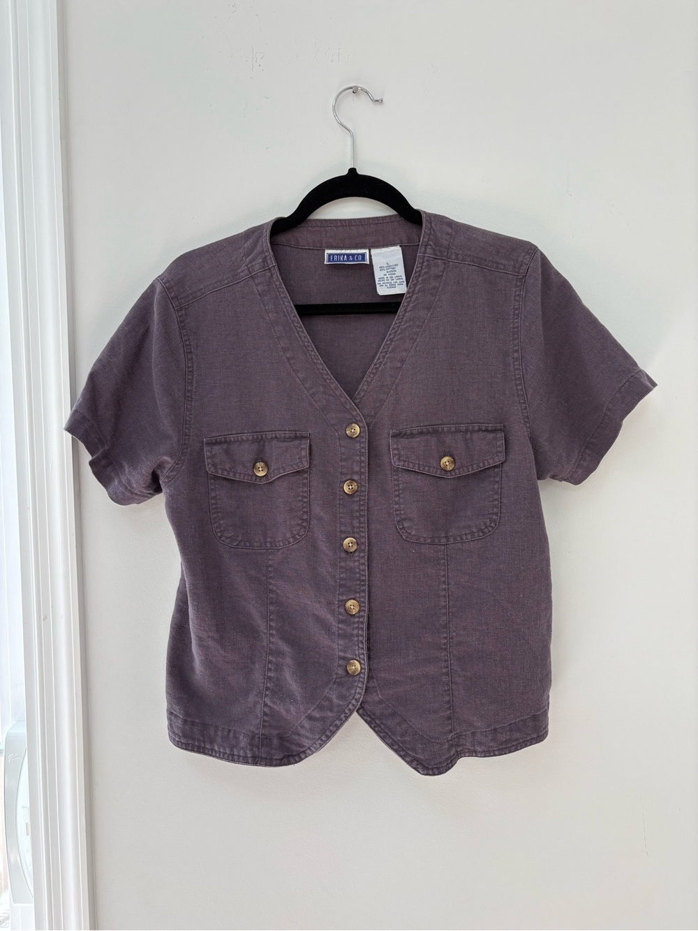 Short Sleeve Button Front Linen Blend Top - Dusty Purple
